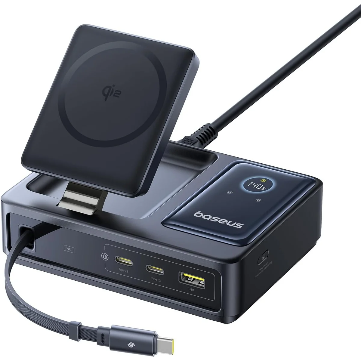 Baseus NOMOS 5in1 Desktop 140W Wired & Wireless Charger Qi2 3xUSBC+1A with LED Display UK Plug