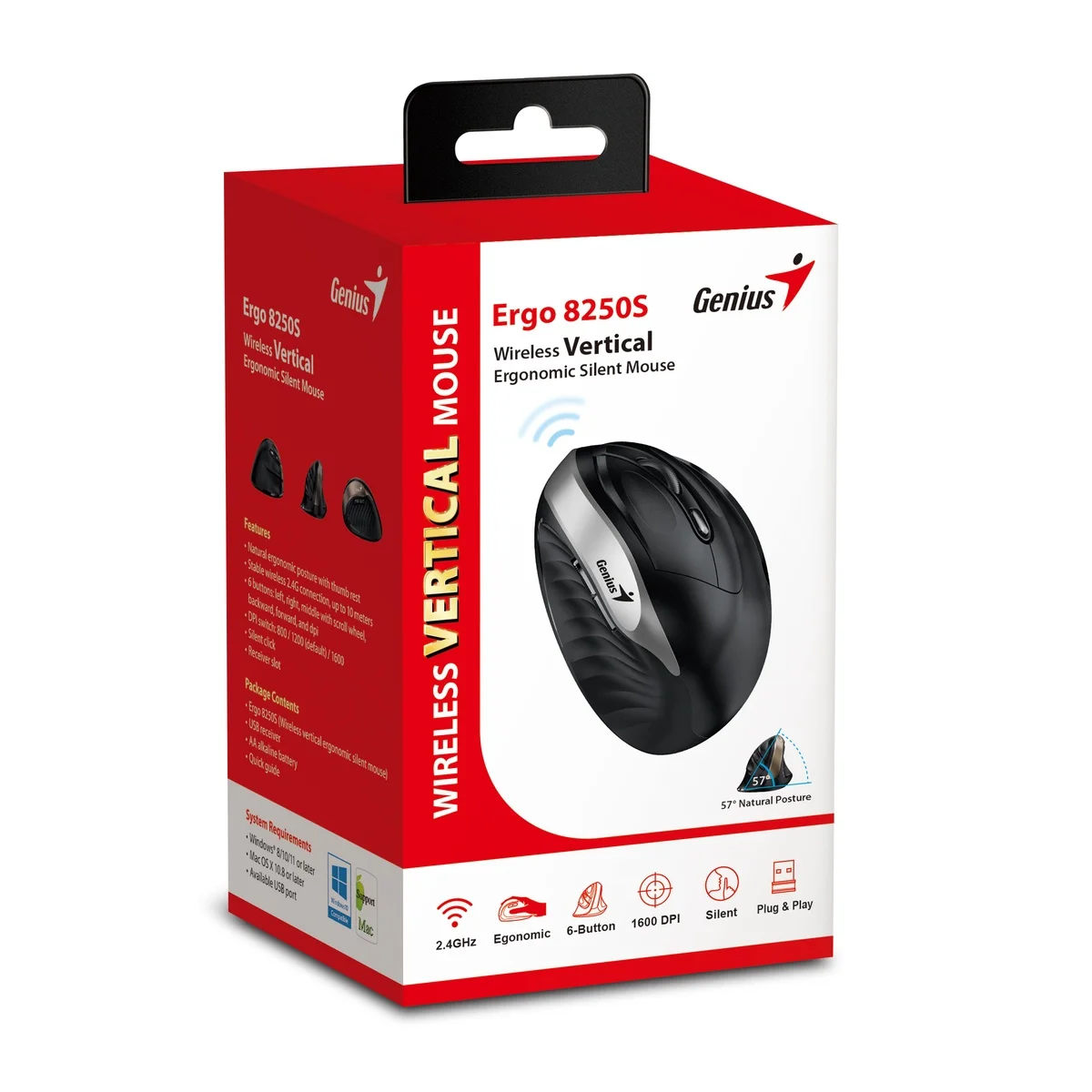 Genius Mouse Wireless Ergonomic Vertical w/Thumb Rest Ergo 8250S