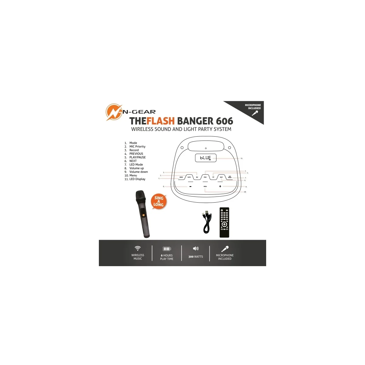 N-Gear FLASHBANGER 606 Karaoke Speaker BT/USB with 1x Wireless Microphone