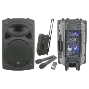 QTX QR12PA 12” Professional Portable Karaoke & PA Speaker with 2x Wireless Microphones, Bluetooth USB & FM 178.847UK
