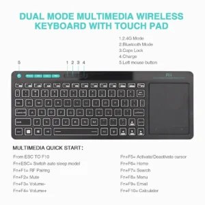 Rii Mini Keyboard Wireless 2.4GHz & Bluetooth with Large Touchpad & Media Keys RGB RT518S