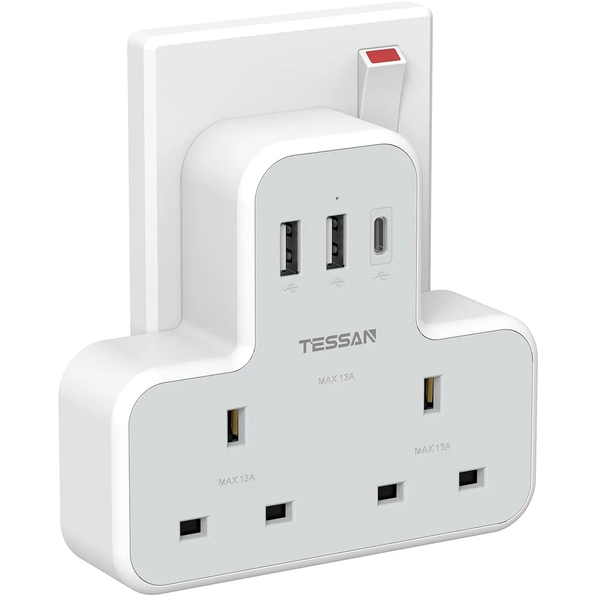 Tessan 2-Gang plug Through UK Charger 2 USB A USB C 13A TS-221-C